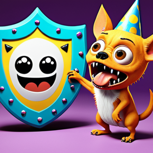 Home 4 **Image Prompt:** A cartoon-style monster labeled "Frustration" trying to grab a person. The person is using a shield with a mindfulness symbol on it and reinterpreting the monster into something small and silly like a chihuahua wearing a party hat. Bright, positive colors, whimsical, digital art style.
