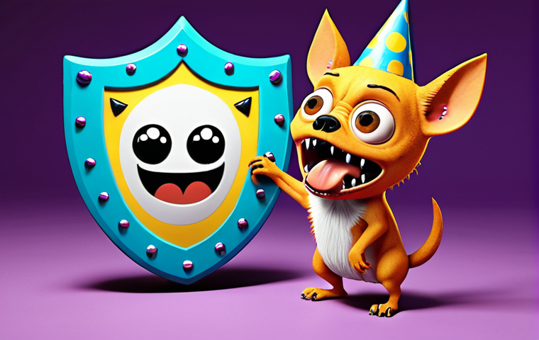 **Image Prompt:** A cartoon-style monster labeled "Frustration" trying to grab a person. The person is using a shield with a mindfulness symbol on it and reinterpreting the monster into something small and silly like a chihuahua wearing a party hat. Bright, positive colors, whimsical, digital art style.